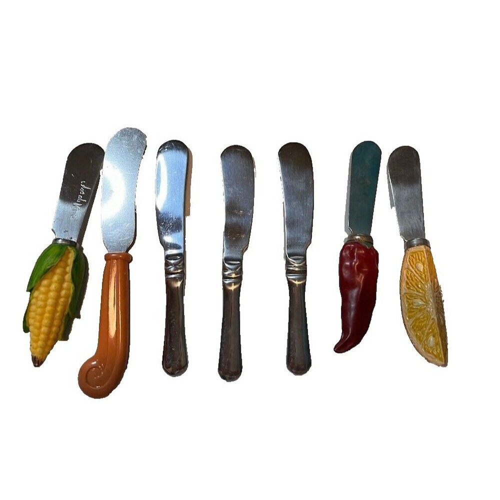 7 Piece Appetizer Spreaders Corn Pepper Orange Swirl Cheese Knives Party Serving